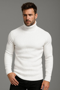 Garimaknitwear Self Design High Neck Casual Men White Sweater