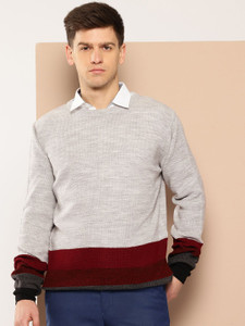 INVICTUS Colorblock Round Neck Formal Men Grey, Red Sweater