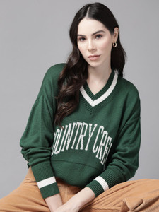 Roadster Self Design V Neck Casual Women Green Sweater