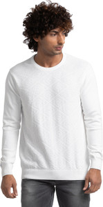 Spykar Self Design Round Neck Casual Men White Sweater