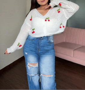 11 11 Label Self Design V Neck Casual Women White Sweater