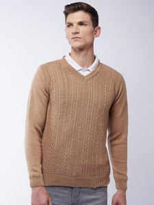 Pivl Solid V Neck Casual Men Beige Sweater