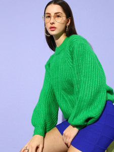 STREET9 Self Design Round Neck Casual Women Green Sweater