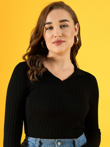 98 Degree North Solid Collared Neck Casual Women Black Sweater