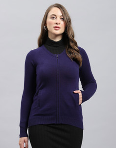 MONTE CARLO Solid V Neck Casual Women Blue Sweater