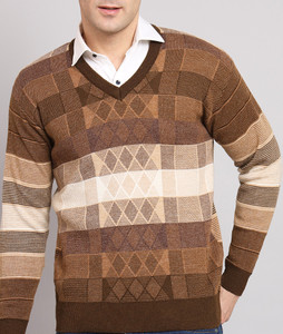 eWools Self Design V Neck Casual Men Beige Sweater