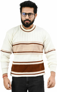 manra Striped Round Neck Casual Men Brown, White Sweater