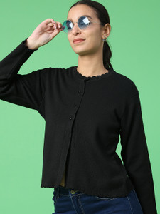 V-MART Solid Round Neck Casual Women Black Sweater