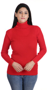 100LUCK Solid High Neck Casual Women Red Sweater
