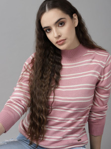Roadster Striped Round Neck Casual Women Pink Sweater