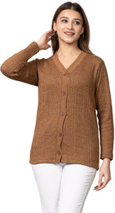 hifzaa Self Design V Neck Casual Women Brown Sweater