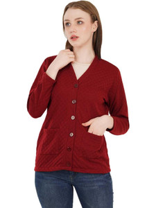 urban rock Self Design V Neck Casual Women Maroon Sweater
