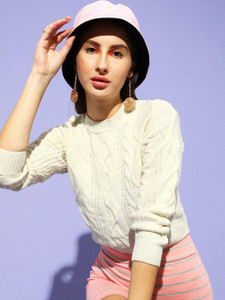 STREET9 Self Design Round Neck Casual Women White Sweater