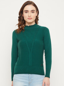 DUKE Solid Round Neck Casual Women Green Sweater