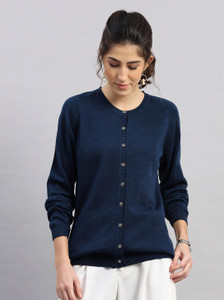 MONTE CARLO Solid Round Neck Casual Women Blue Sweater