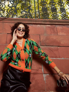 SASSAFRAS Geometric Print V Neck Casual Women Orange Sweater