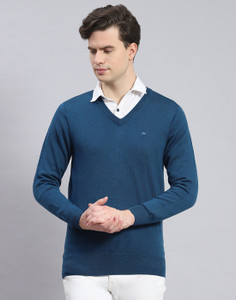 MONTE CARLO Solid V Neck Casual Men Blue Sweater