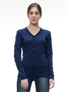 Coldplay Solid V Neck Casual Women Blue Sweater