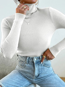 TANDUL Striped High Neck Casual Women White Sweater