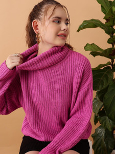 STREET9 Solid Turtle Neck Casual Women Pink Sweater