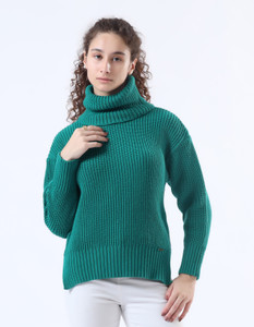 WOOLBERRY Striped High Neck Casual Women Green Sweater