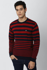 PETER ENGLAND Striped Crew Neck Casual Men Red Sweater