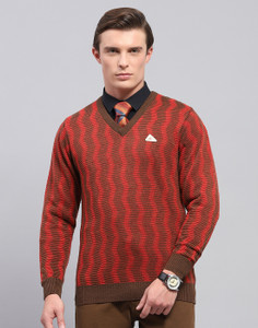 MONTE CARLO Self Design V Neck Casual Men Brown Sweater