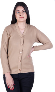 Ozarro Self Design V Neck Casual Women Beige Sweater
