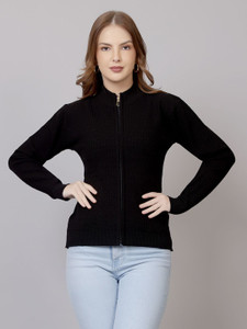 FEVERFEW Self Design High Neck Casual Women Black Sweater