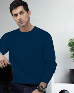 AUSK Solid Round Neck Casual Men Dark Blue Sweater
