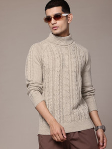 Roadster Self Design Turtle Neck Casual Men Beige Sweater