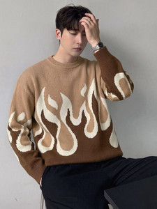 Eddicted Men Printed Round Neck Brown Sweater - Image 1