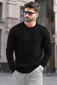TRIPR Solid Round Neck Casual Men Black Sweater
