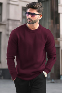 TRIPR Solid Round Neck Casual Men Maroon Sweater