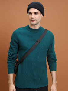HIGHLANDER Solid Round Neck Casual Men Green Sweater