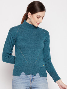 DUKE Self Design High Neck Casual Women Blue Sweater