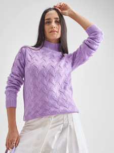 Tokyo Talkies Self Design High Neck Casual Women Purple Sweater