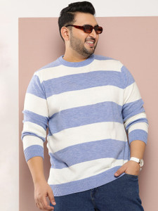 Sztori Striped Round Neck Casual Men Blue Sweater