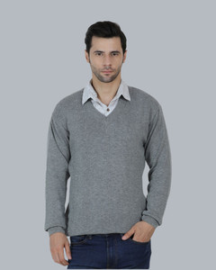 KIPEKEE Solid V Neck Formal Men Grey Sweater