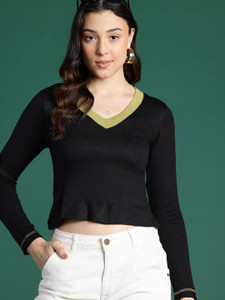 Dressberry Solid V Neck Casual Women Black Sweater