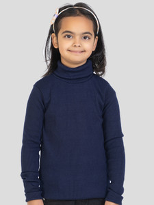 YHA Solid High Neck Casual Girls Blue Sweater