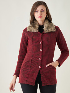 Pivl Self Design Collared Neck Casual Women Maroon Sweater