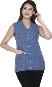 aarbee Self Design V Neck Casual Women Blue Sweater