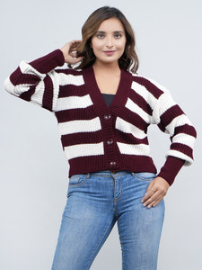 HouseOfCommon Striped V Neck Party Women Maroon Sweater