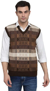 MUSKAN KNITWEAR Checkered V Neck Formal Men Blue Sweater