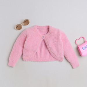 Yellow Apple Self Design Round Neck Casual Girls Pink Sweater
