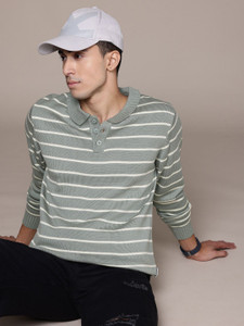 Roadster Striped Round Neck Casual Men Grey Sweater