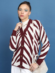 Tokyo Talkies Woven V Neck Casual Women Brown Sweater