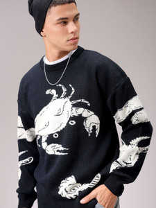 The Indian Garage Co. Graphic Print Crew Neck Casual Men Black Sweater