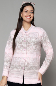 eWools Paisley High Neck Casual Women Pink, Grey Sweater